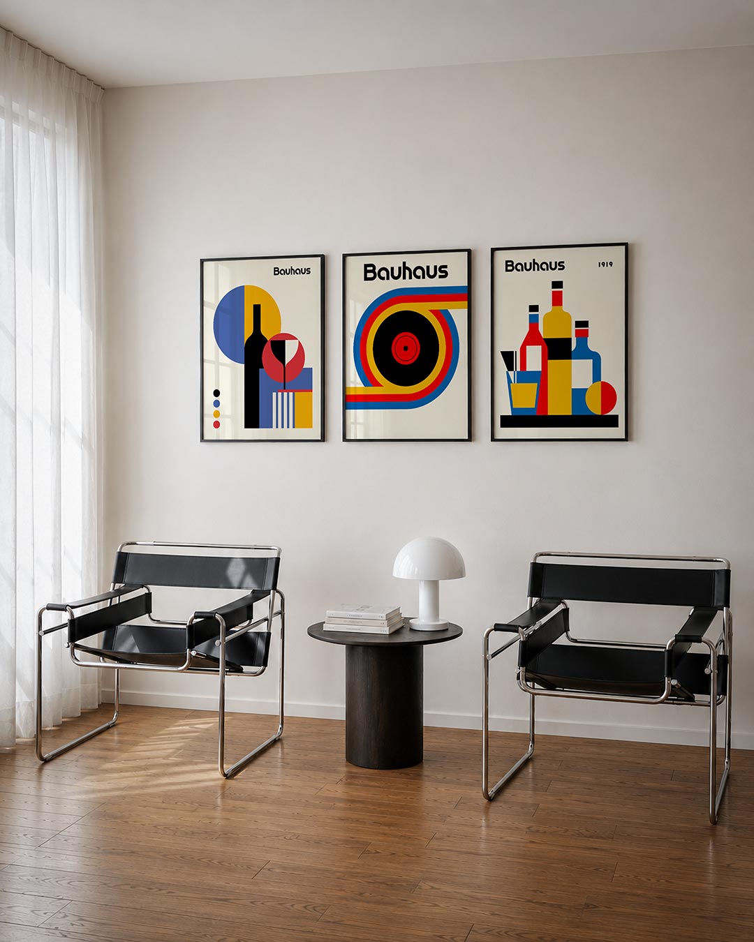 Vormen en kleurvlakken driedelige posterset – deze posterset in drie delen toont een dynamisch spel van cirkels, rechthoeken