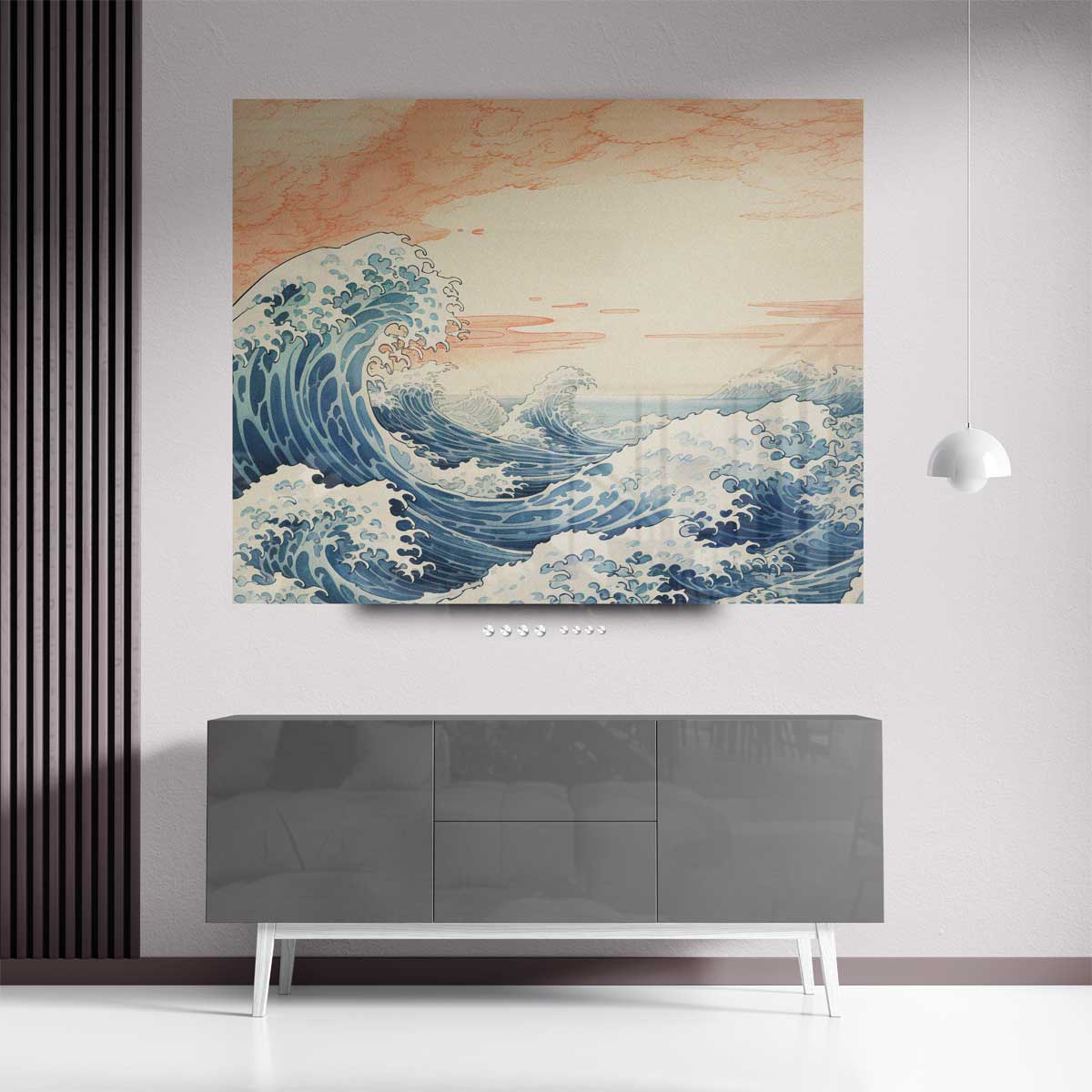Dynamische Zeegolven Onder een Perzikkleurige Hemel – plexiglas kunstwerk als wanddecoratie
