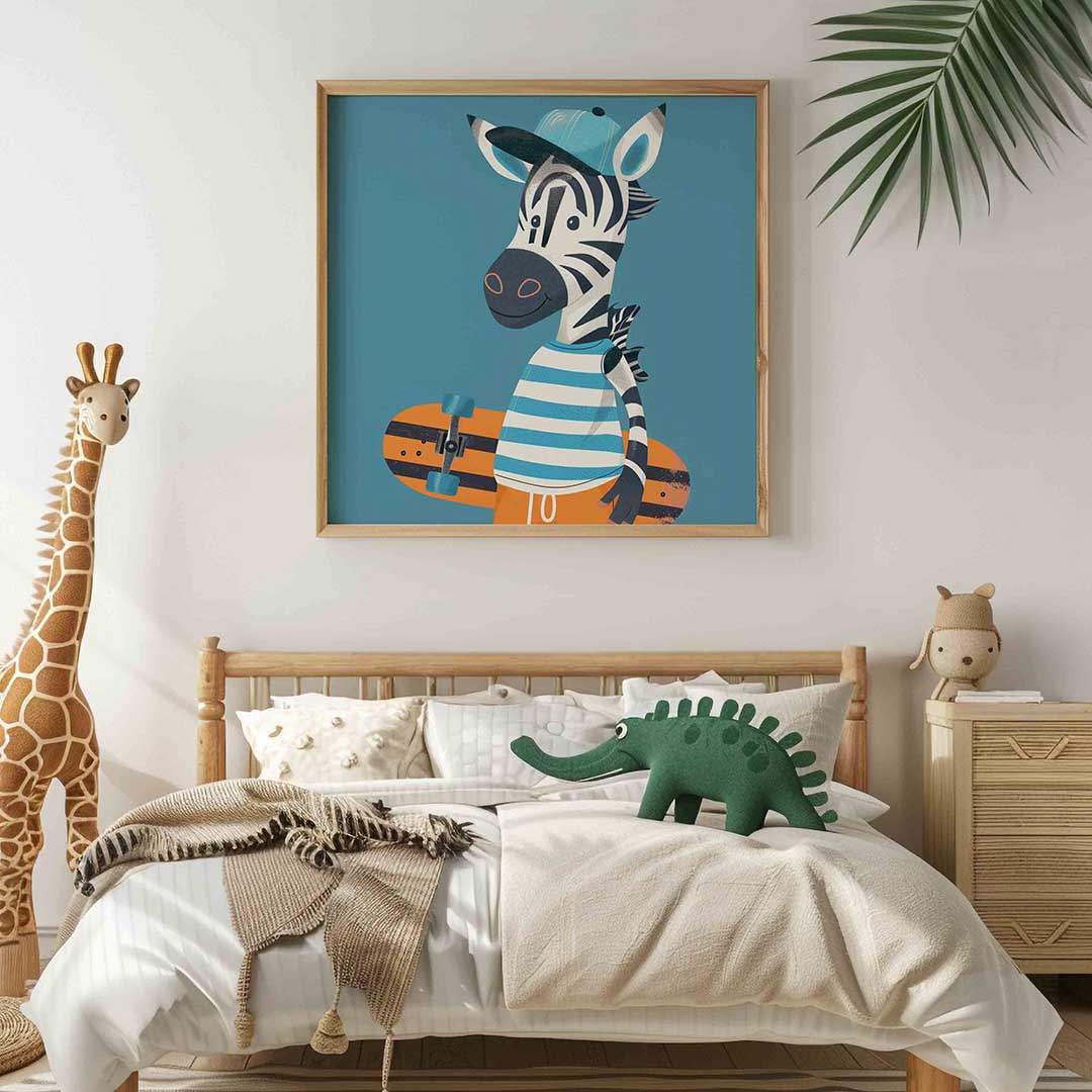 Zebra met skateboard – vierkante kinderkamer wanddecoratie van WallArtistic