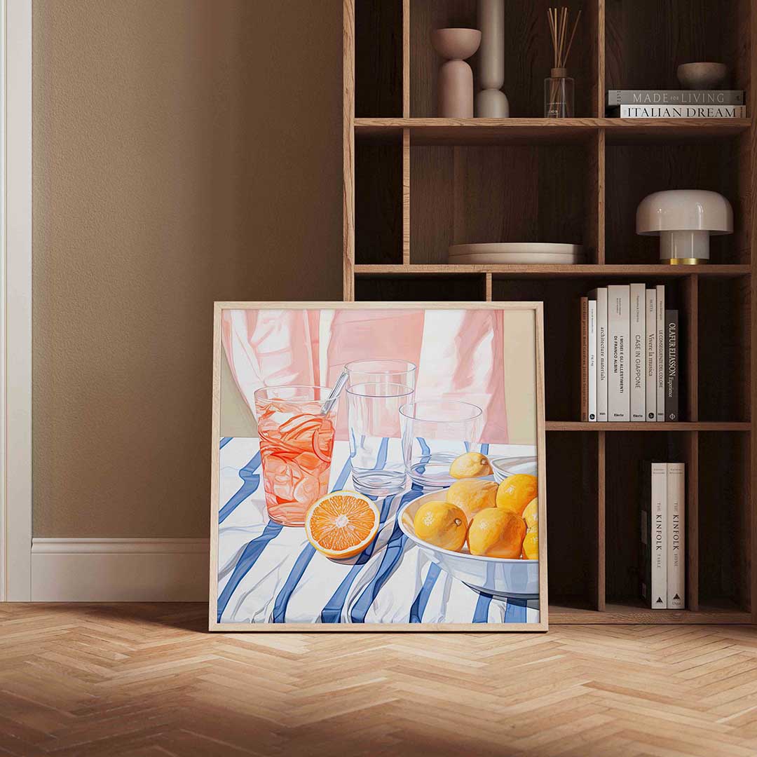 Citrus en glazen – kleurrijke vierkante wanddecoratie van WallArtistic