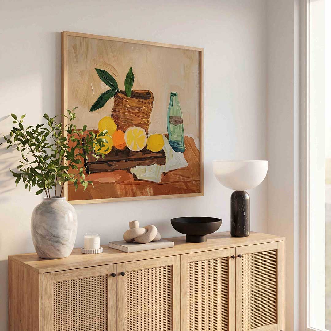 Fruit en fles – kunst en design poster in vierkant formaat