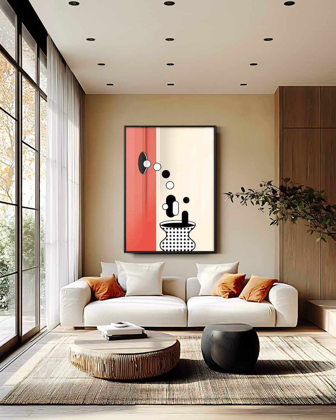 Geometrische Vaas in Stippen – staande wandkunst voor woonkamer of interieur
