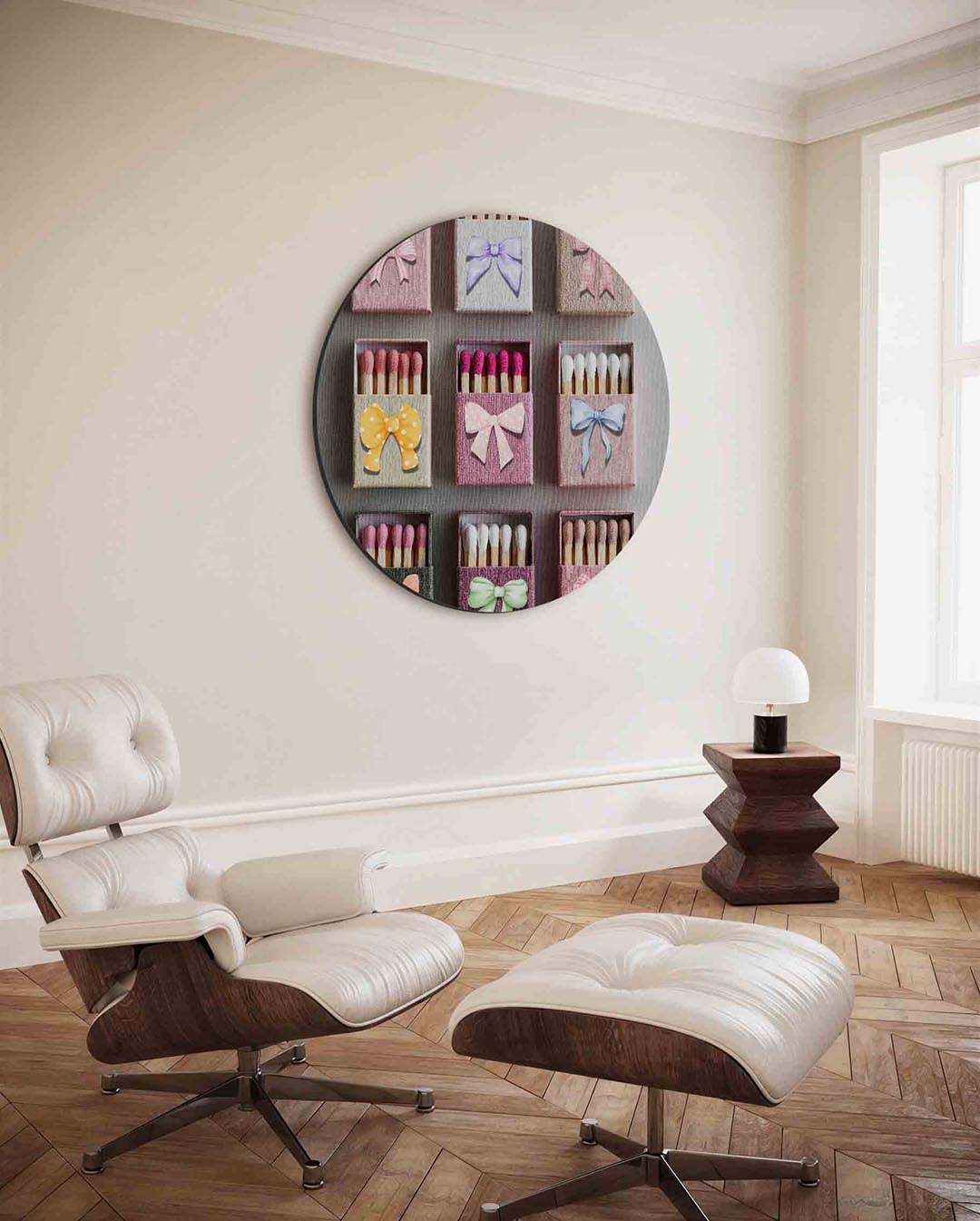Strikjes en luciferdoosjes – ronde Pop Art wanddecoratie van WallArtistic
