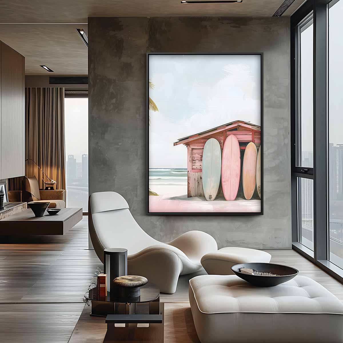 Strandhut met Surfplanken – staande wandkunst voor woonkamer of interieur