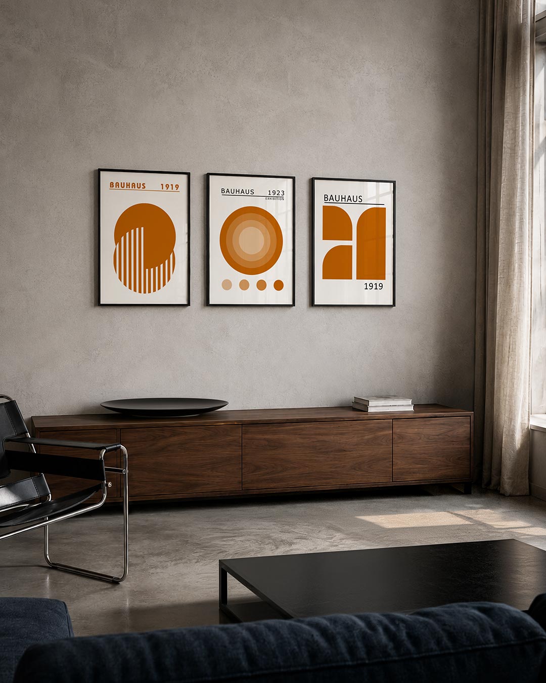 Cirkel en strepen posterset – tweede productweergave – deze posterset in drie delen toont een grote oranje cirkel met