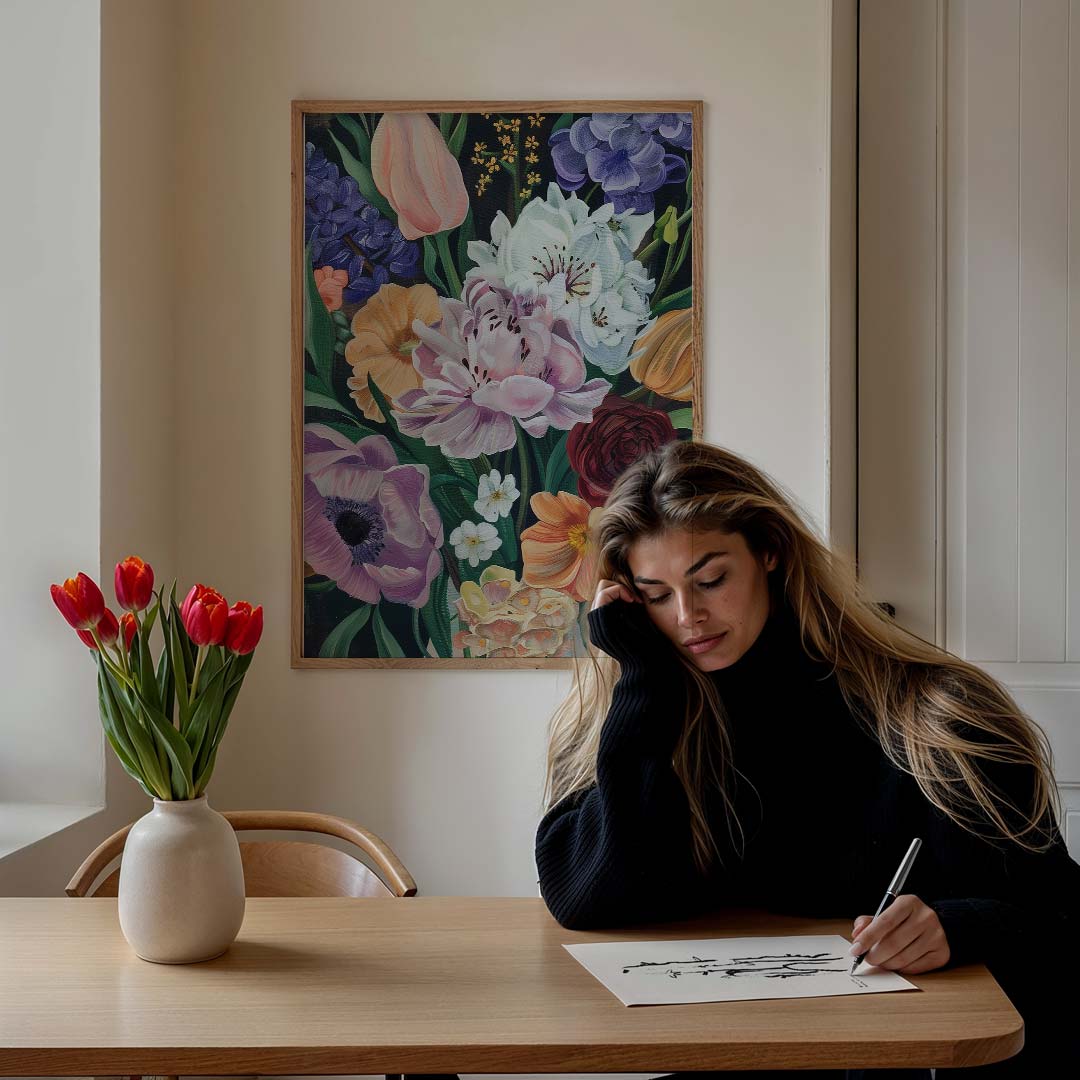 Bloemenpracht op Donkere Achtergrond – staande zomer wanddecoratie van WallArtistic