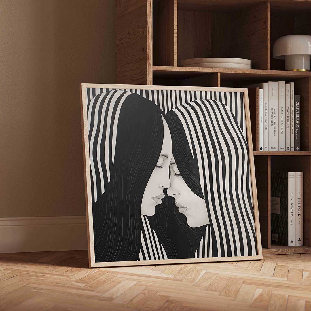 Twee gezichten met strepen – geïllustreerde wandkunst als vierkante poster