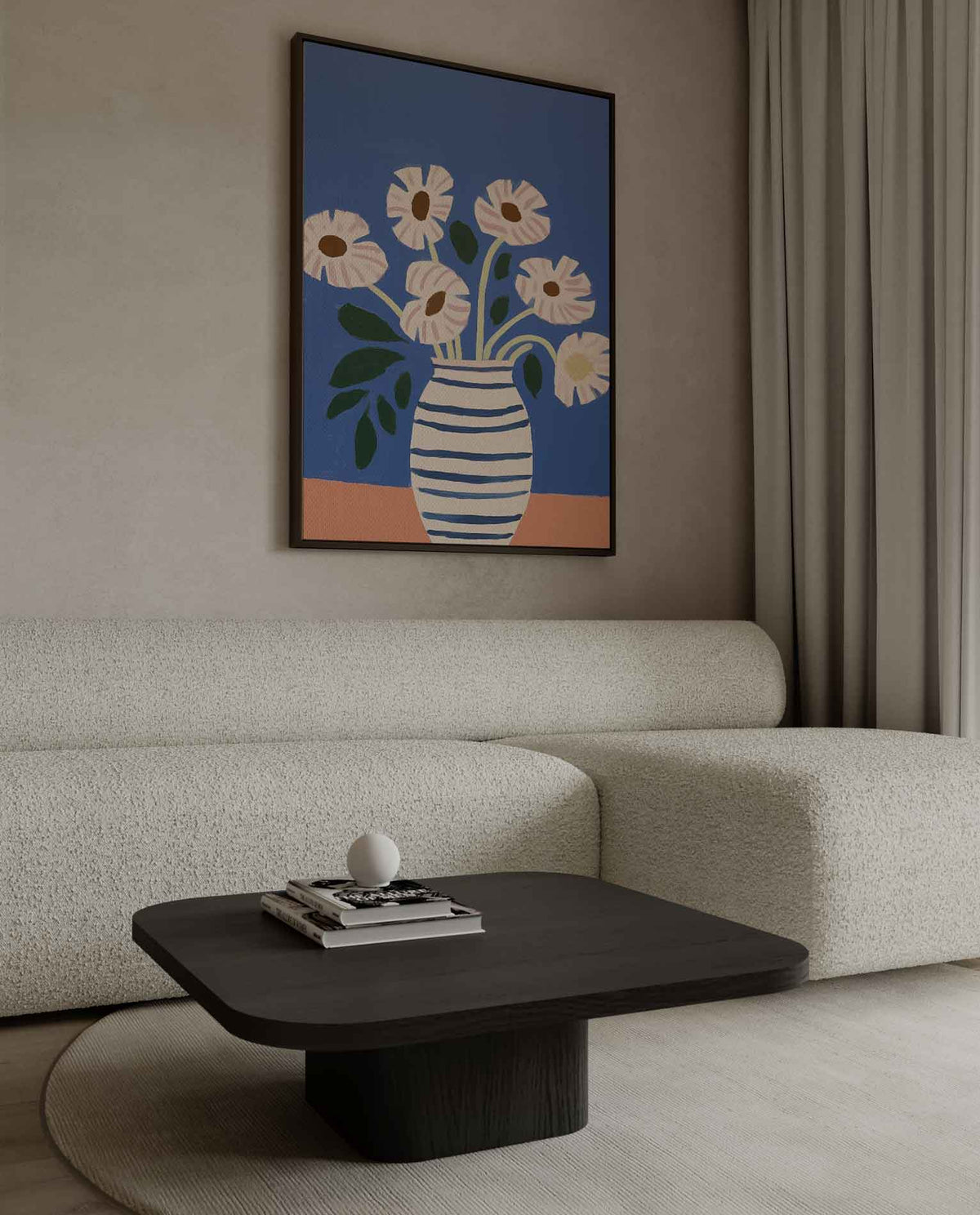 Stralende Bloemen in Gestreepte Vaas – kunstwerk met zwarte baklijst