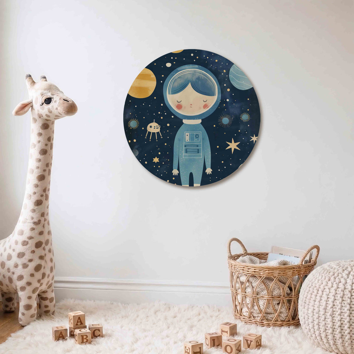 Astronaut en planeten Muurcirkel – Een slapende astronaut omringd door planeten en sterren in blauw en geel.