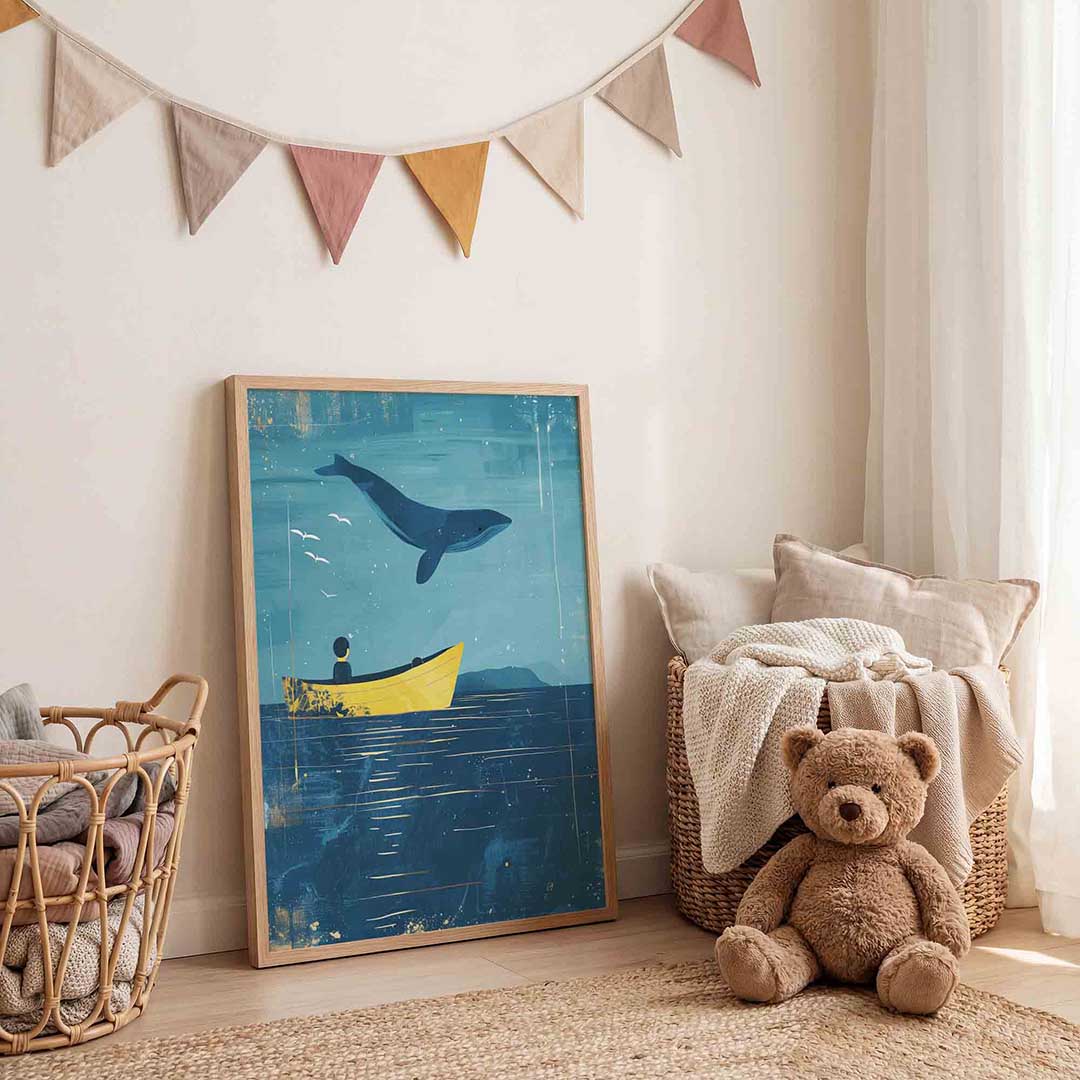 Walvis en boot – speelse wandkunst als portret kinderposter