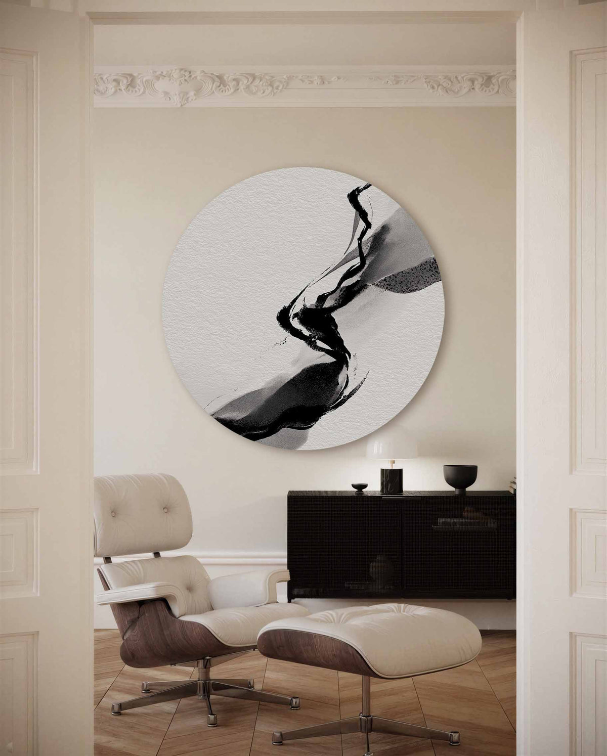 Abstracte lijnen – portret muurcirkel als ronde muurdecoratie