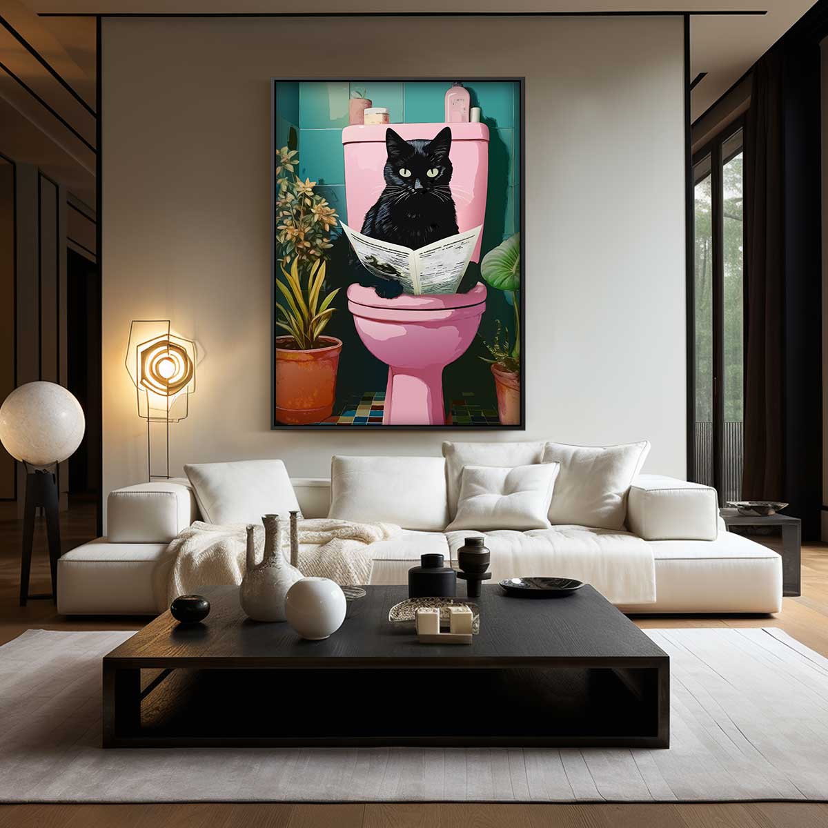 Kat op het Toilet – kunstwerk met zwarte baklijst
