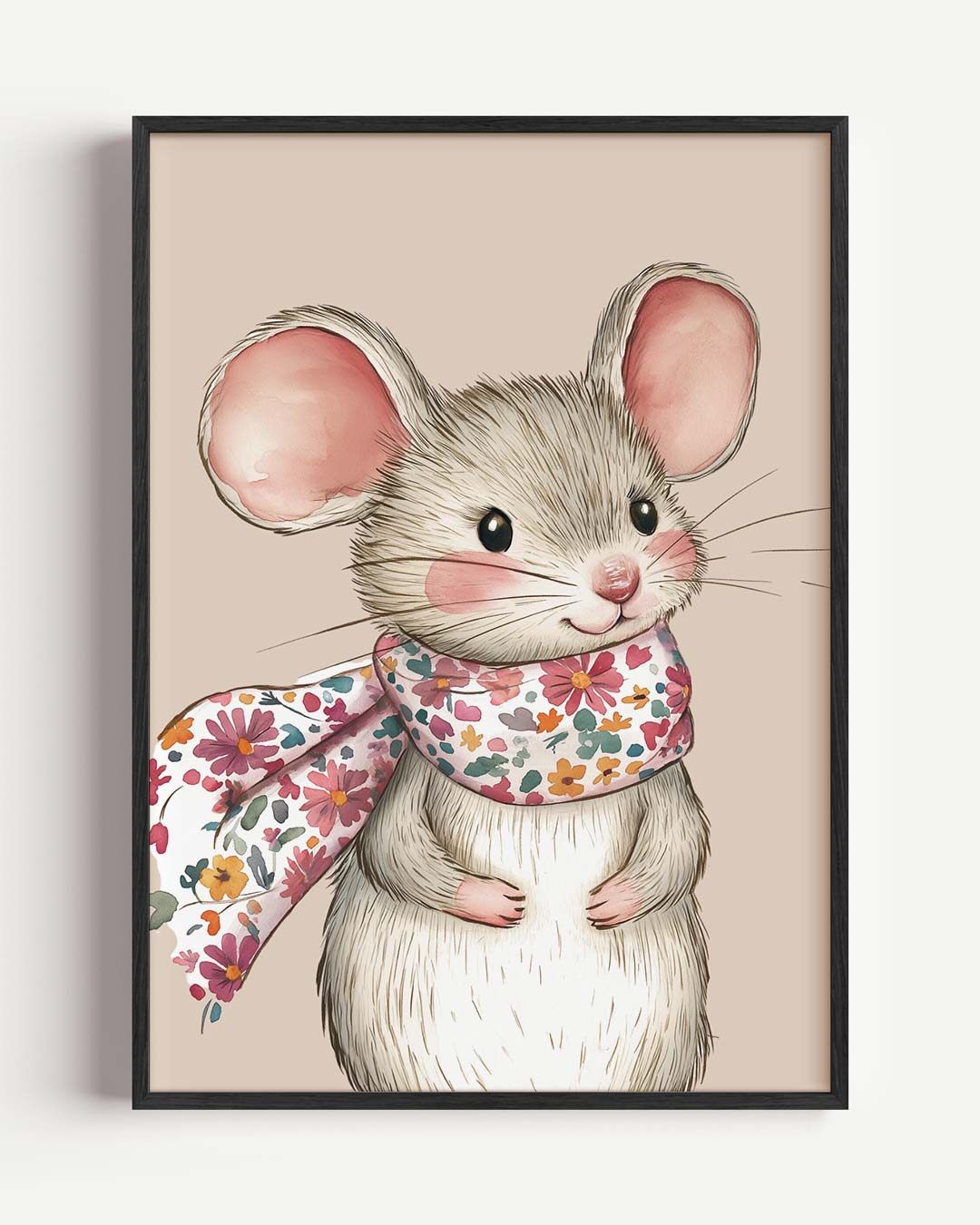 Schattige Muis Met Bloemensjaal – kids portret poster als wanddecoratie