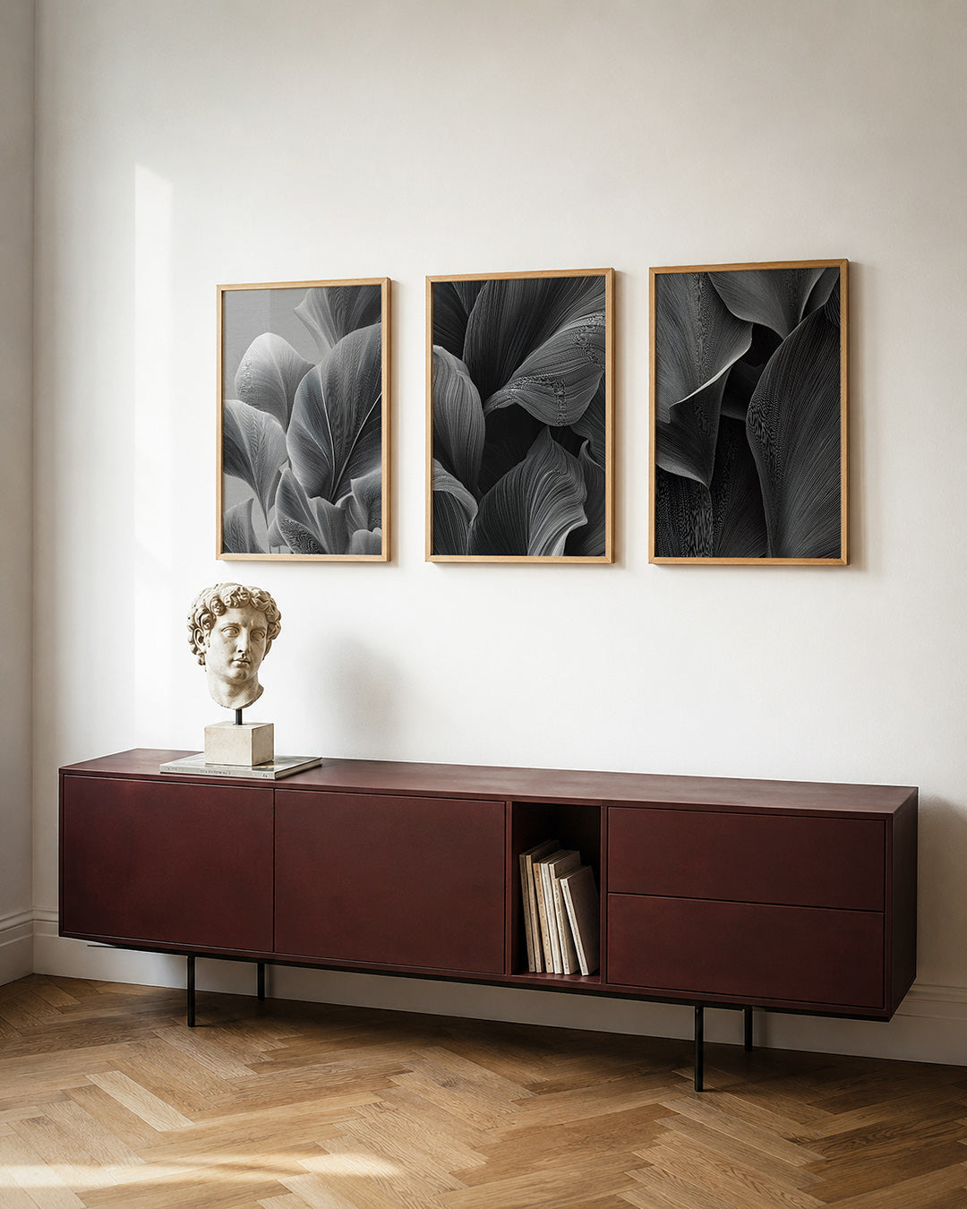 Lijnenspel en bladvormen posterset – detailweergave – deze posterset in drie delen toont een harmonie van