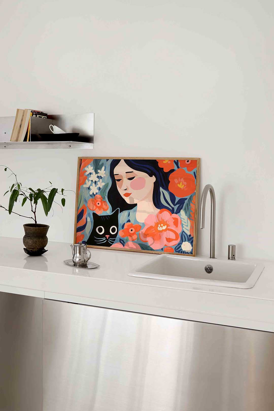 Vrouw met kat en bloemen – keukenposter in liggend formaat