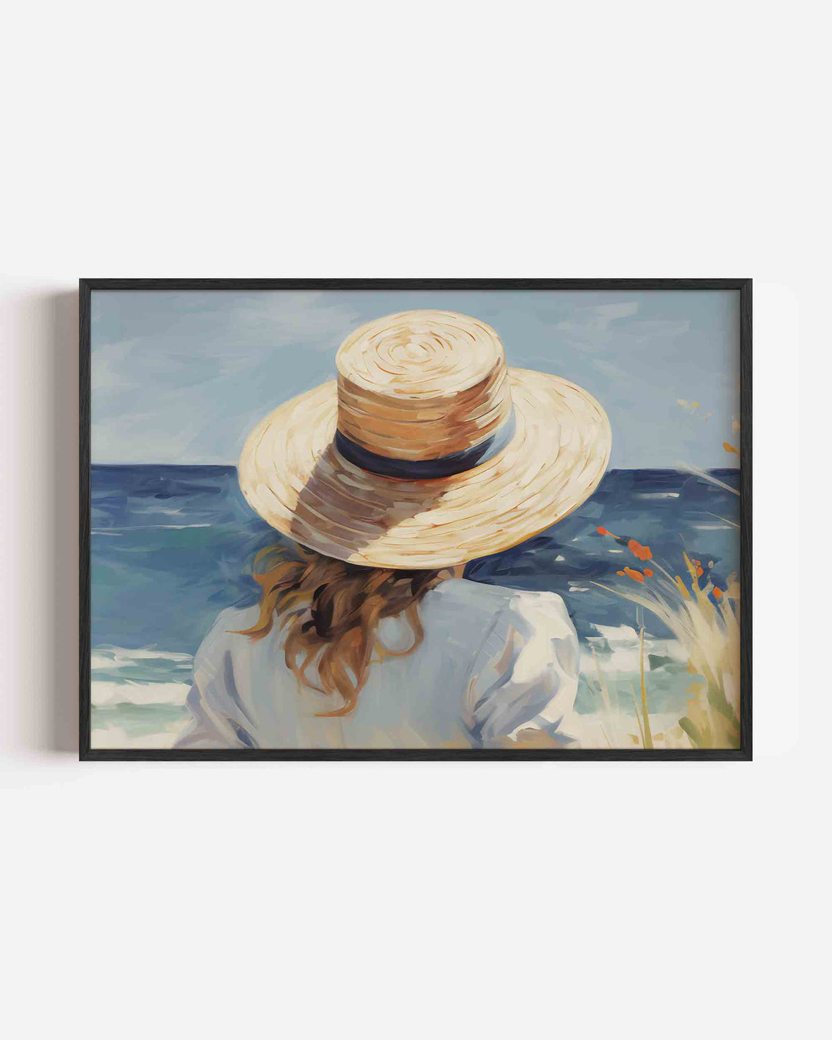 Vrouw met hoed bij zee – vrouwelijk portret als landscape poster