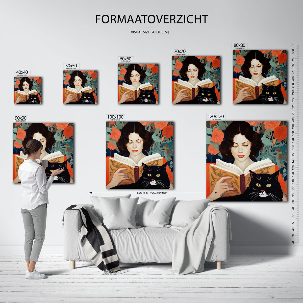 Lezende vrouw en kat – vierkante muurposter met vrouwelijk portret