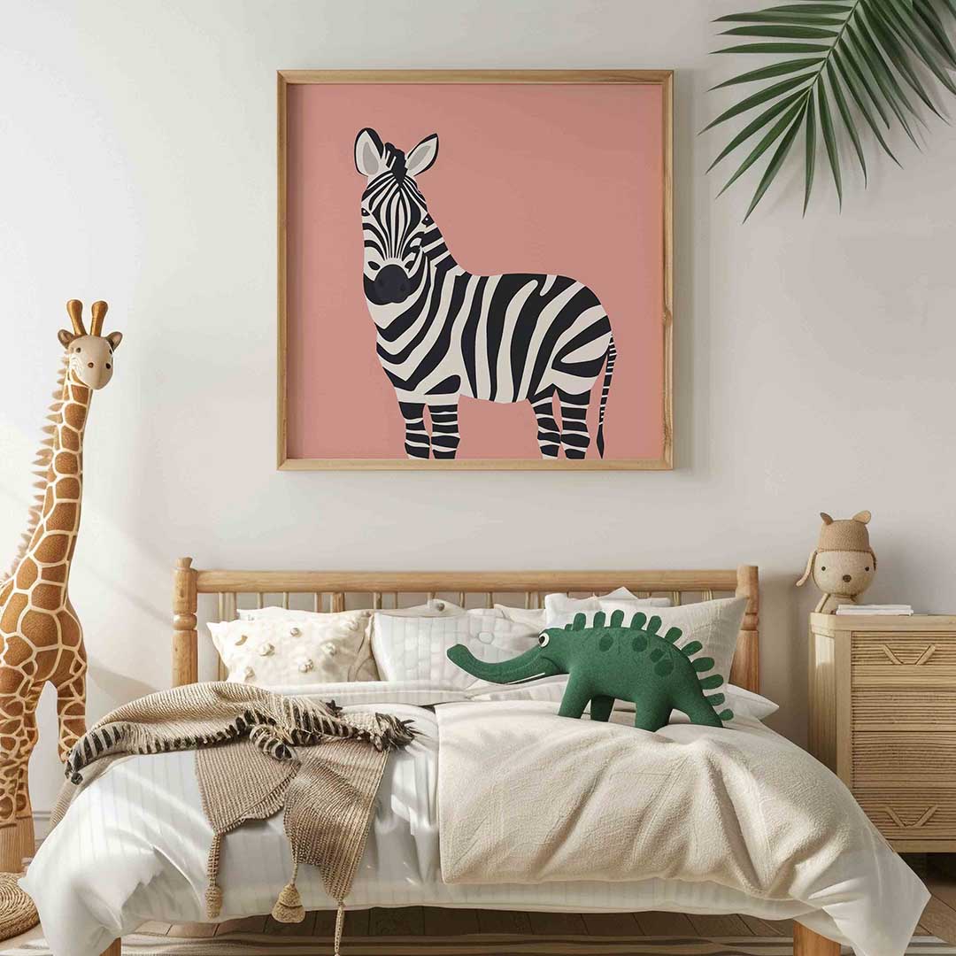 Zebra op roze achtergrond – vierkante kinderkamer wanddecoratie van WallArtistic