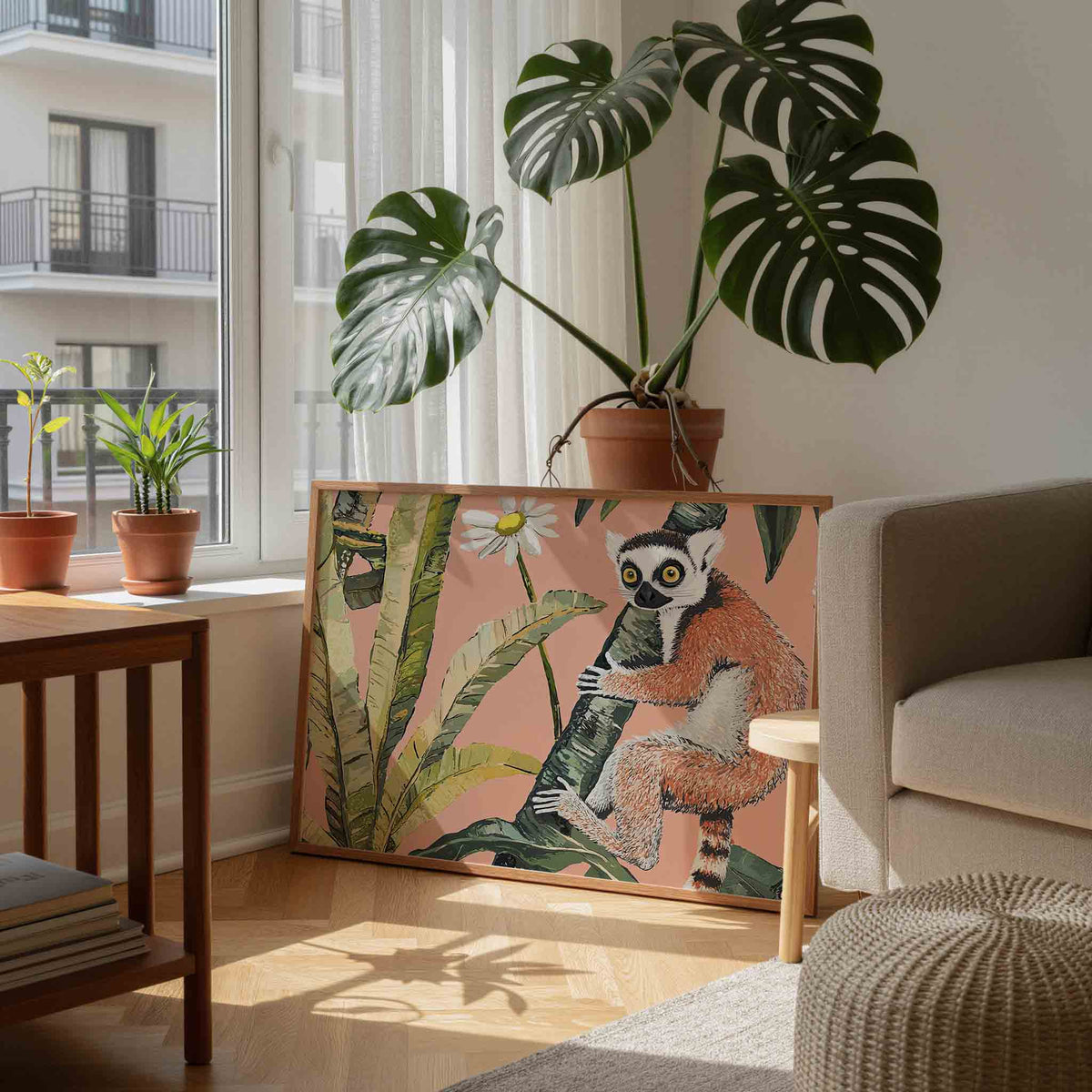 Lemur en bladeren – tropische wandkunst als landscape poster