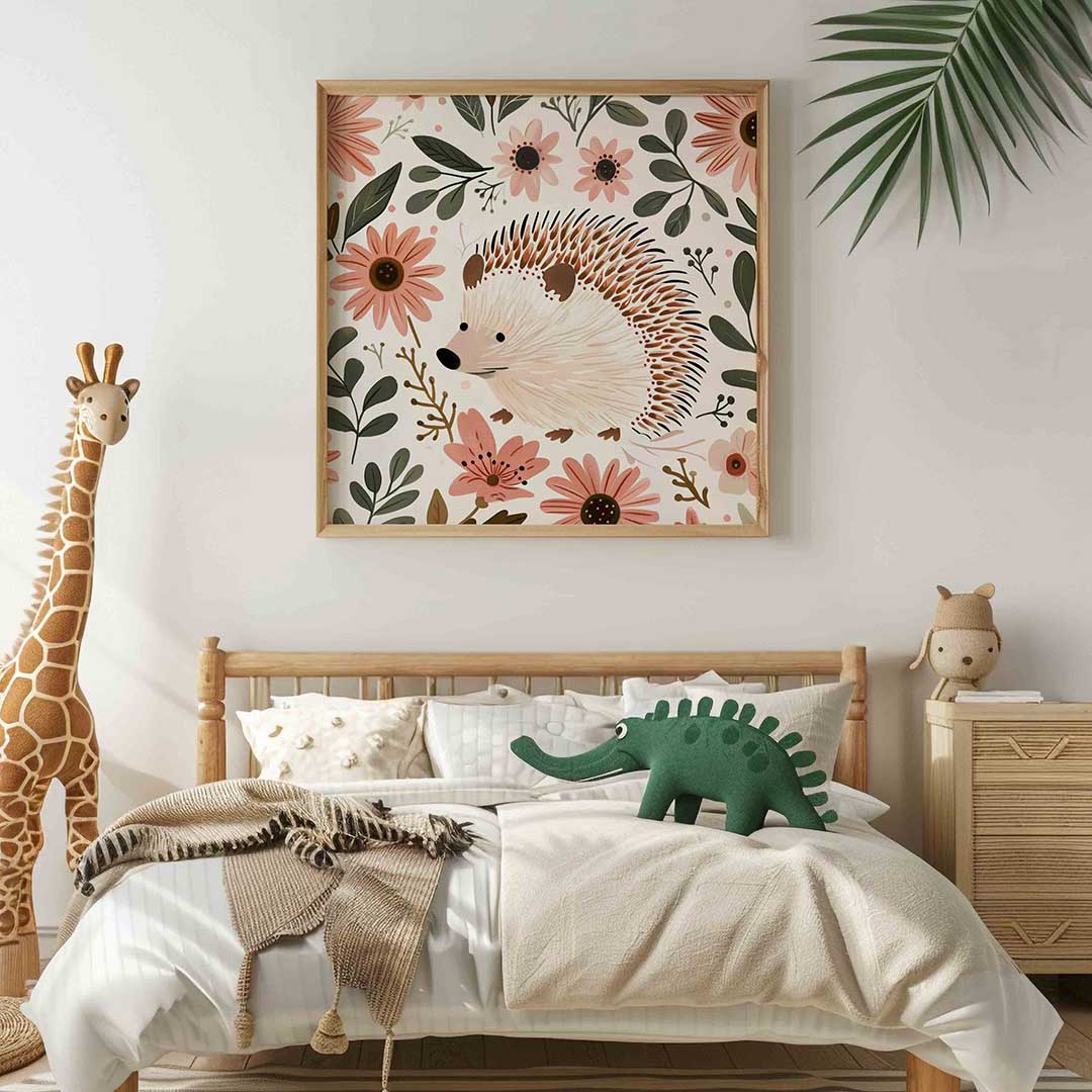Egel en bloemen – vierkante kinderkamer wanddecoratie van WallArtistic