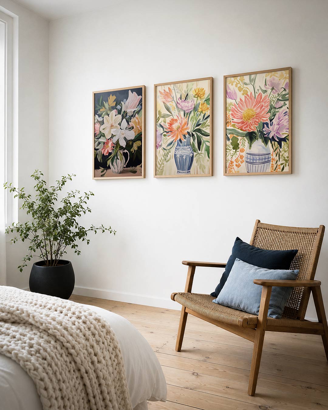 Bloemrijke kleurenpracht posterset – derde productweergave – een weelderig boeket in zachte tinten van roze, geel en