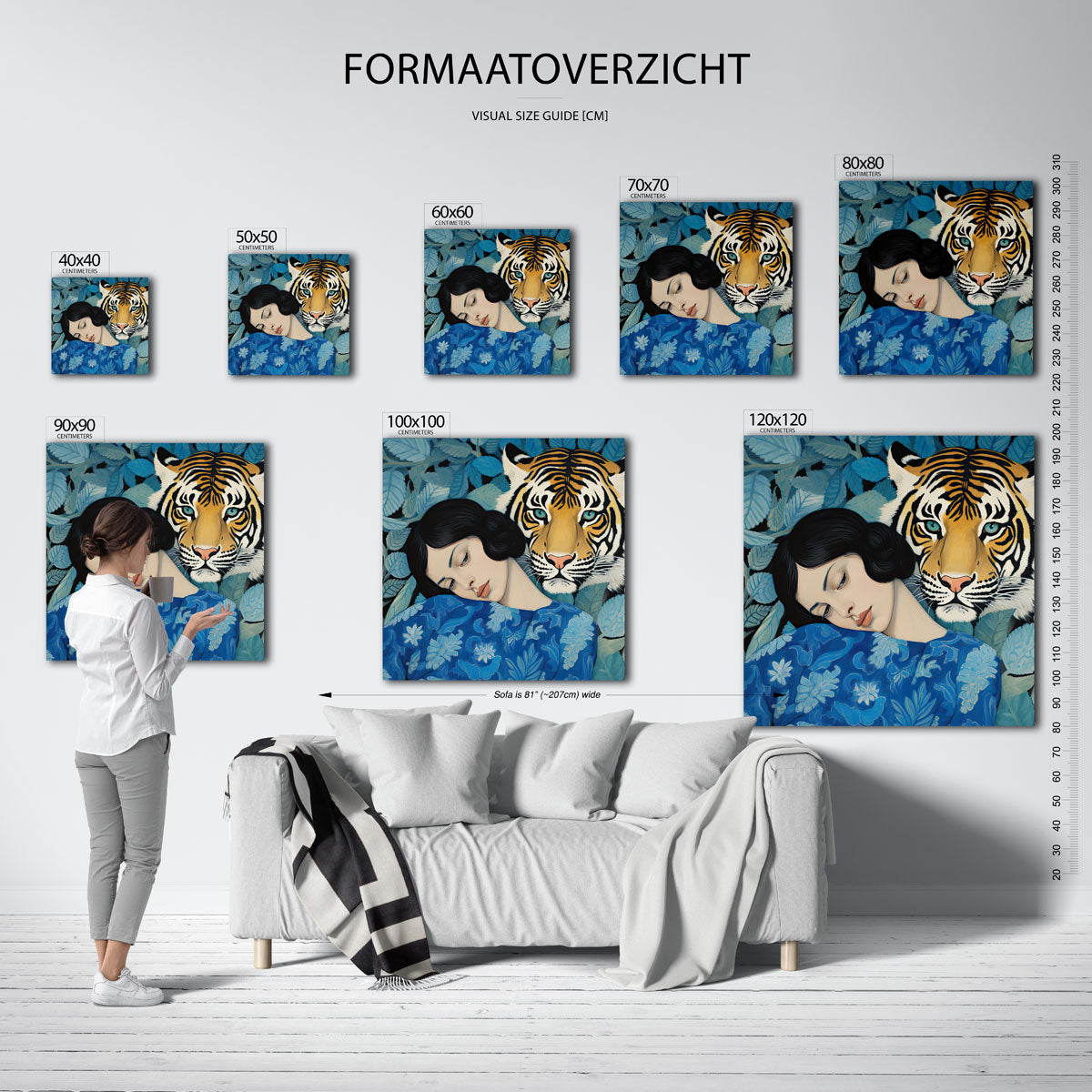 Vrouw met tijger – vierkante muurposter met kleurrijke illustratie