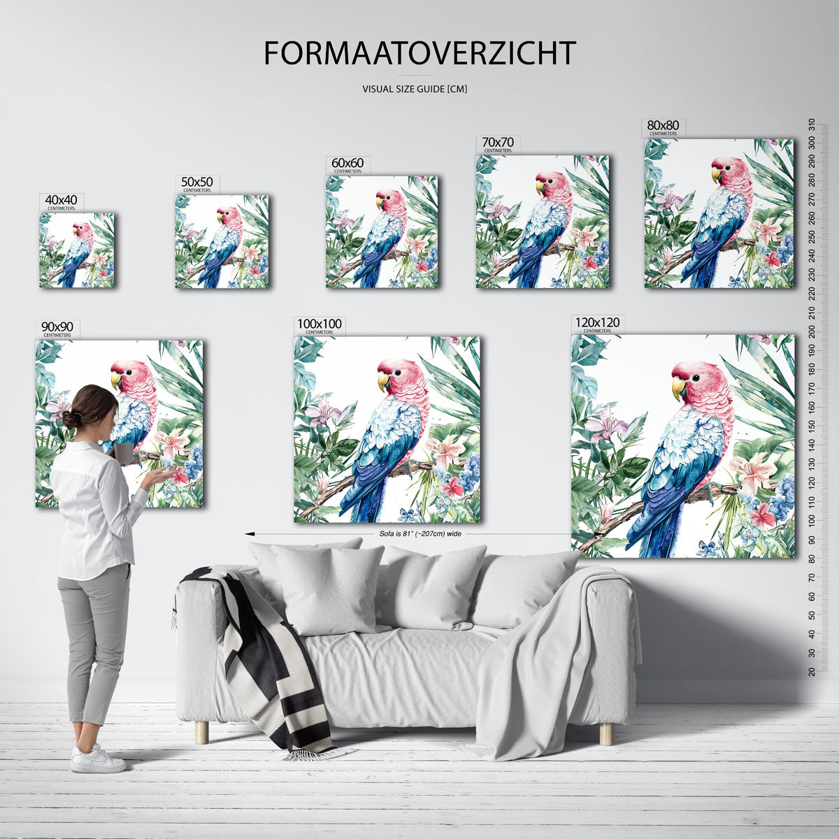 Papegaai en bloemen – tropische wandkunst als vierkante poster