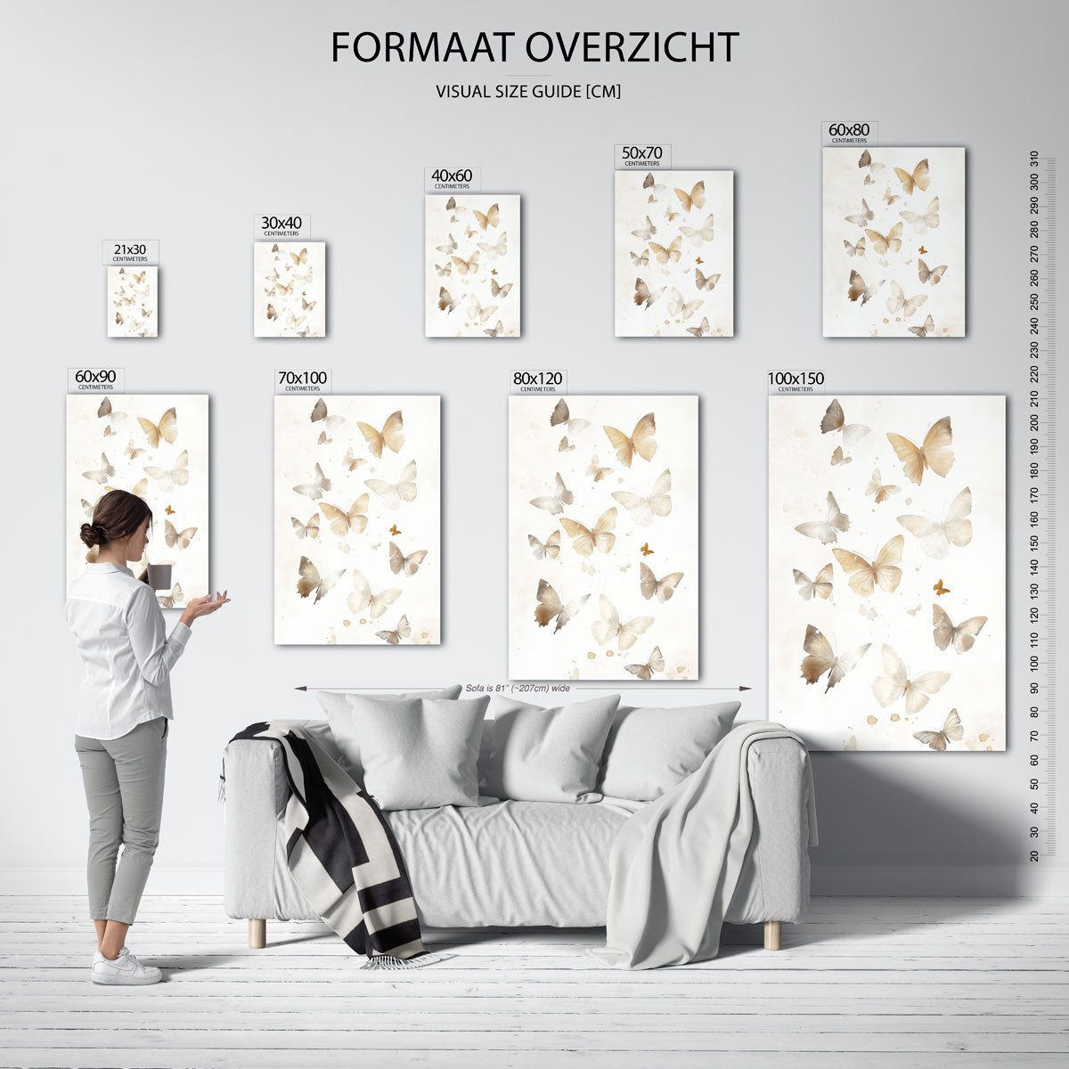 Vlinders in zachte tinten – staande muurposter voor de kinderkamer