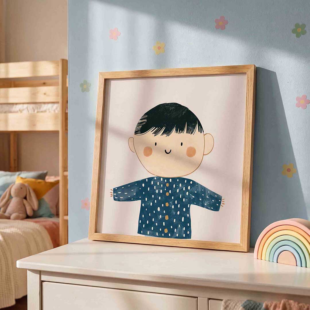 Kind met blauwe trui – speelse wandkunst als vierkante kinderposter