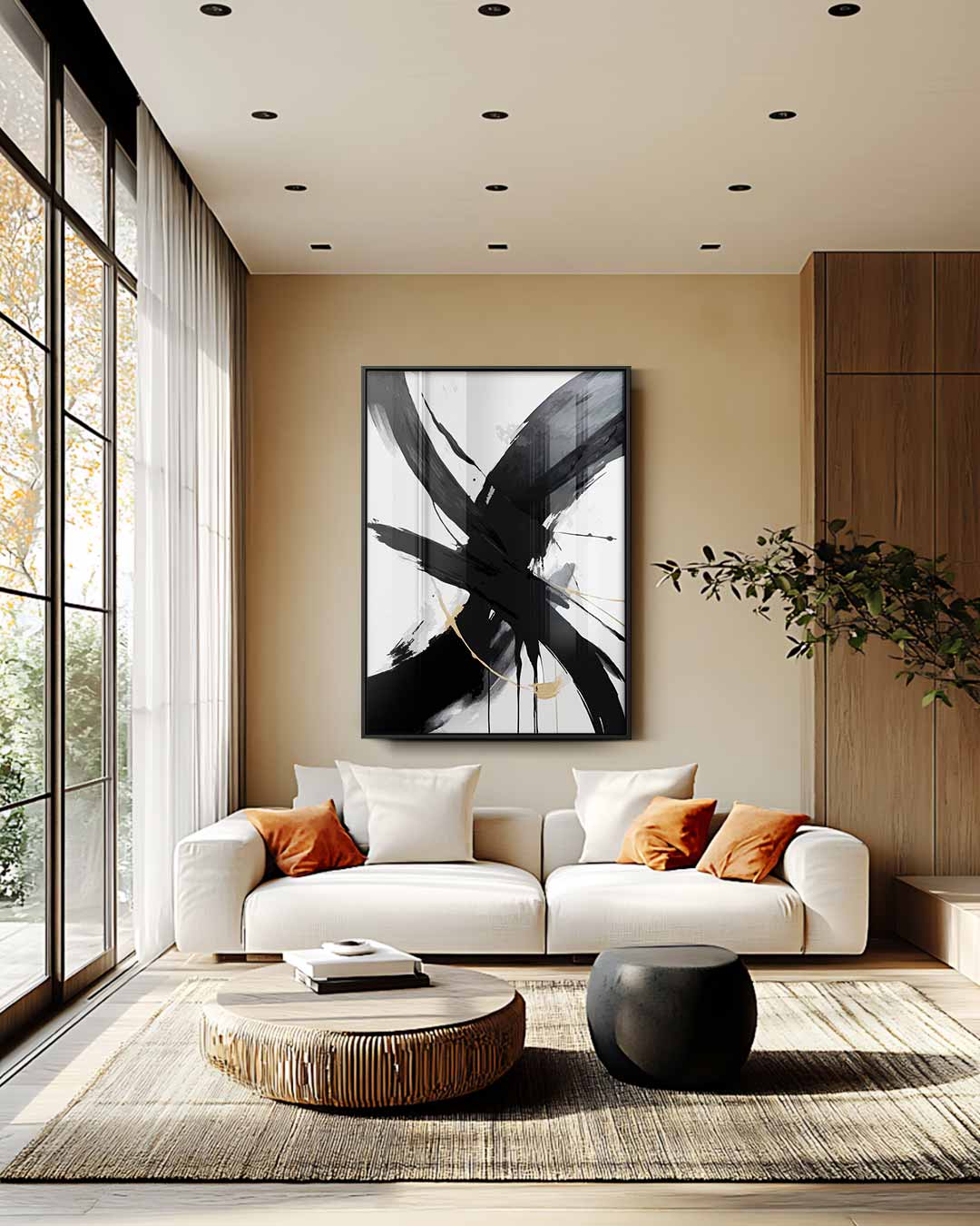 Dynamisch Zwart-Wit Abstract – staande wandkunst voor woonkamer of interieur