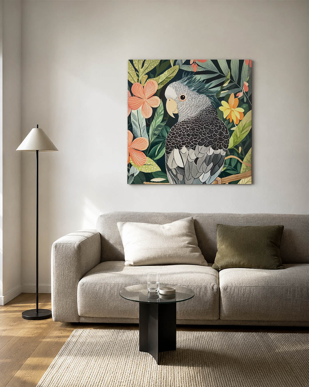 Vrolijke papegaai kunstwerk – detailweergave – dit kunstwerk toont een gedetailleerde papegaai omringd door kleurrijke