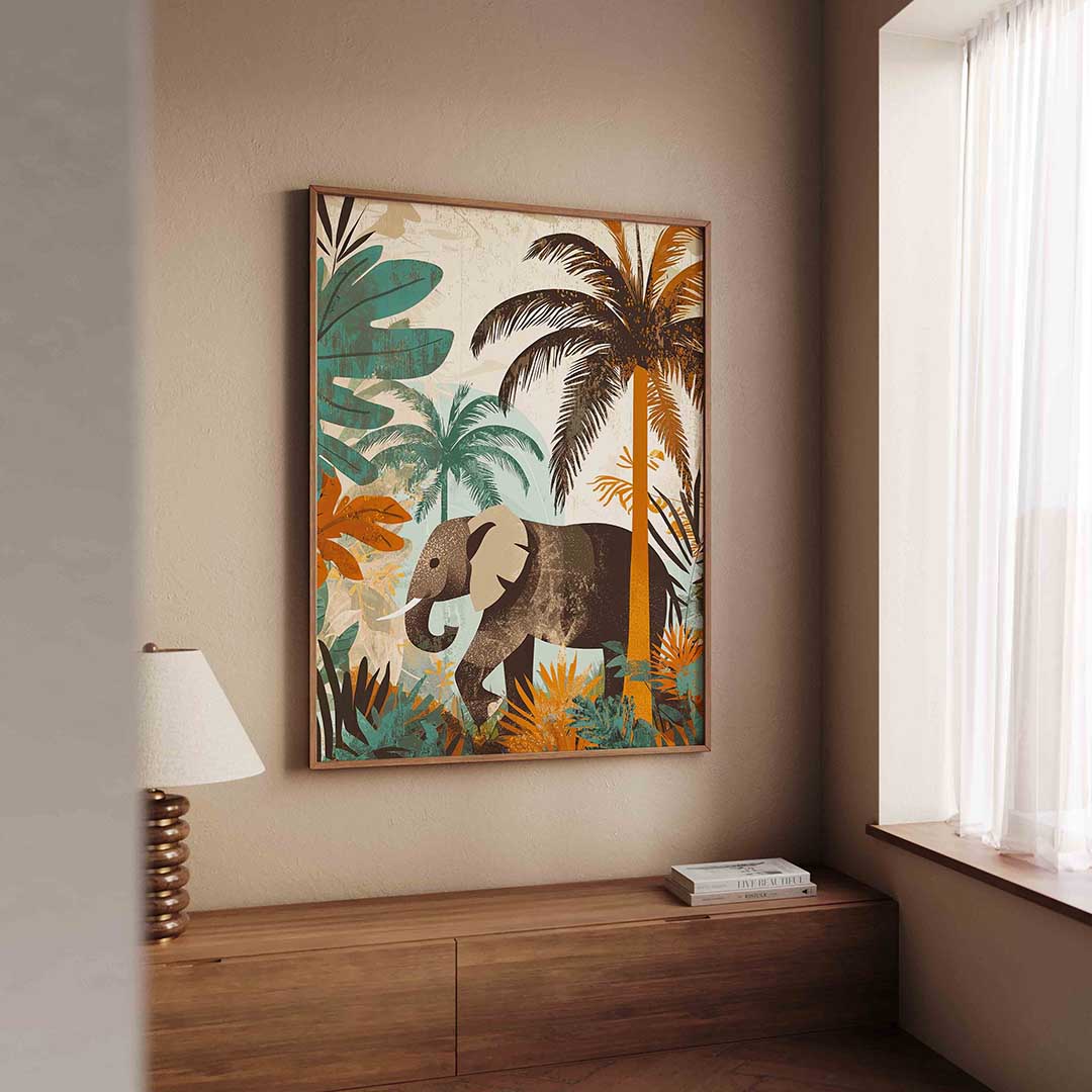 Olifant en palmbomen – dierenillustratie als portret poster