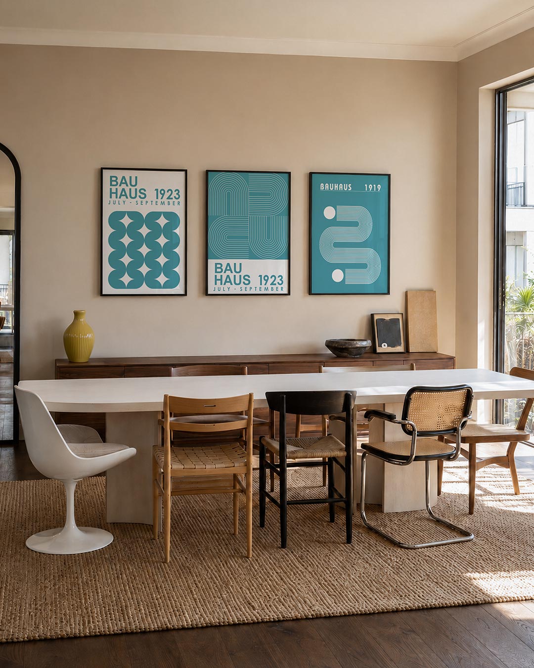 Vorm en ritme driedelige posterset – deze posterset toont een speelse herhaling van blauwe halve cirkels en sterren. De
