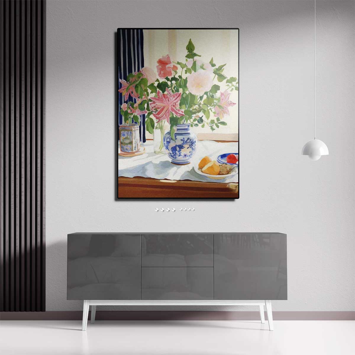 Zomers Bloemenboeket in Blauwe Vaas – canvas wanddecoratie in portret formaat
