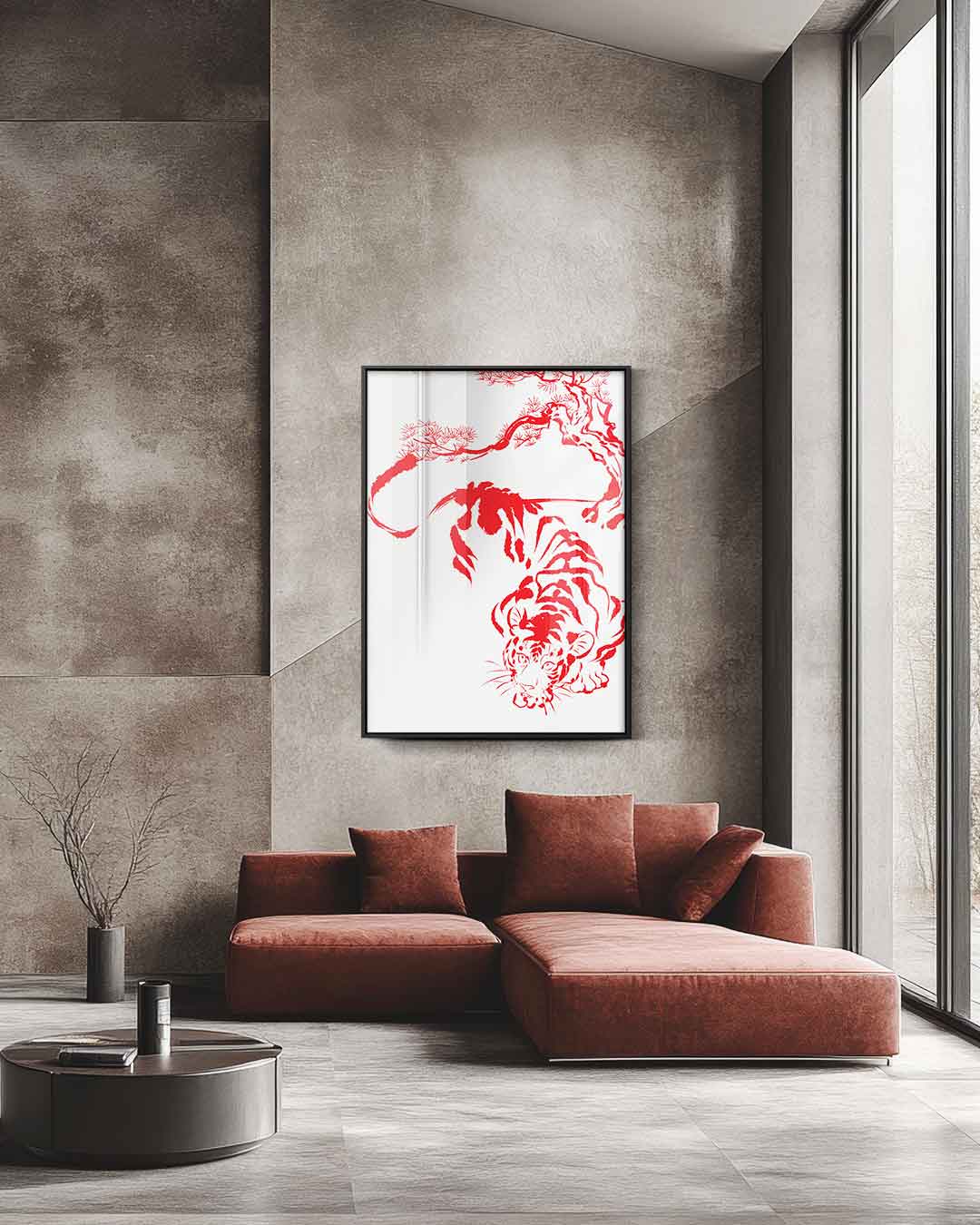 Rode tijger onder boom – staande wandkunst voor woonkamer of interieur