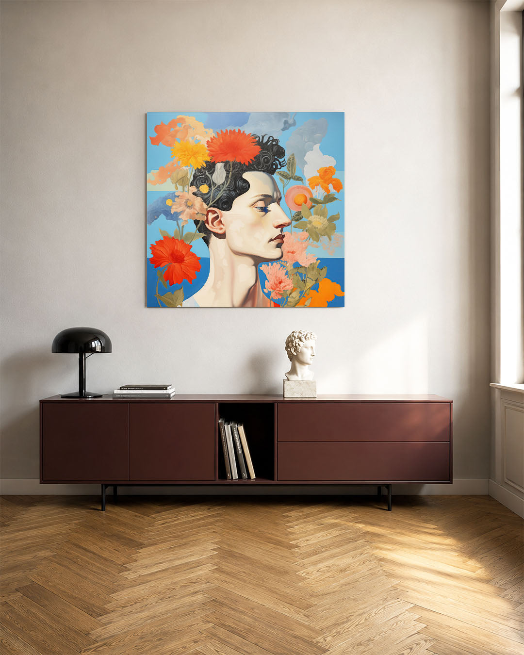 Bloemrijke portret kunstwerk – tweede productweergave – dit kunstwerk toont een zijaanzicht van een gezicht omringd door