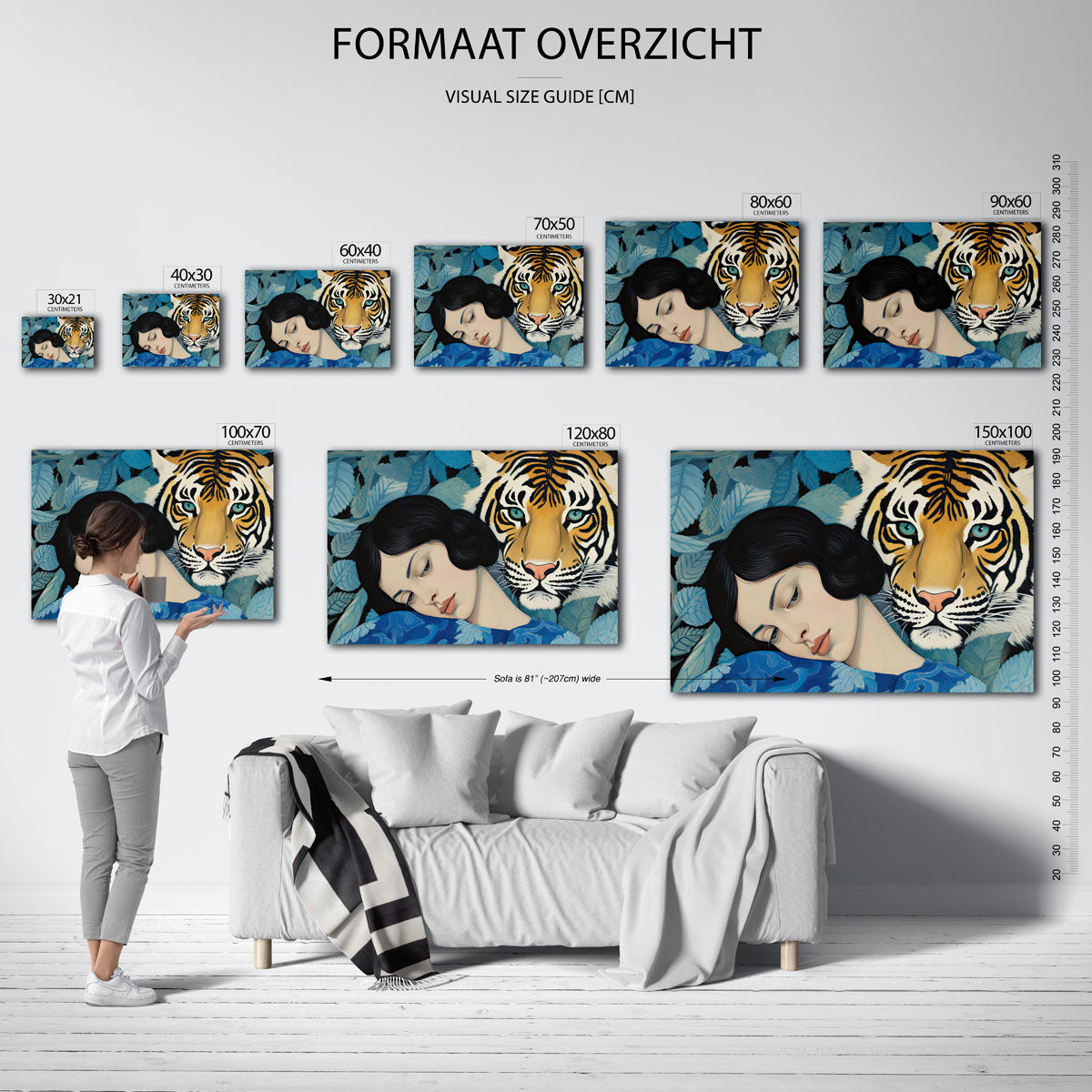 Vrouw en tijger – liggende muurposter met dierenthema