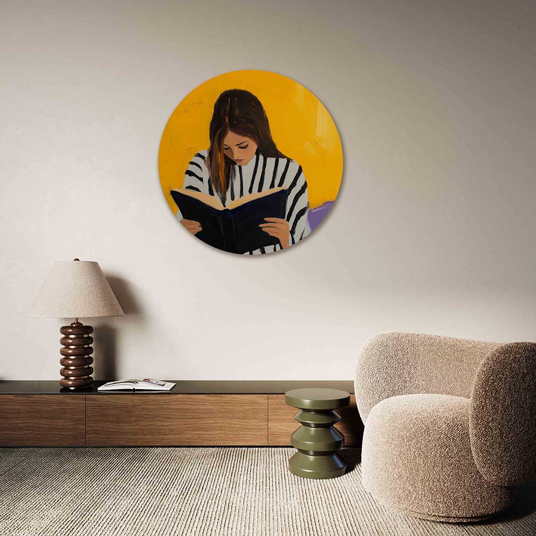 Lezende vrouw – abstracte muurcirkel als ronde wanddecoratie