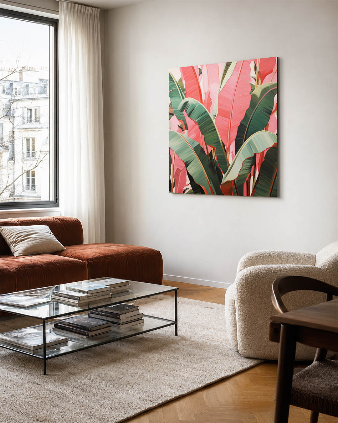 Levendige bladeren kunstwerk – vierkante wanddecoratie – dit werk toont een dynamische compositie van grote bladeren in