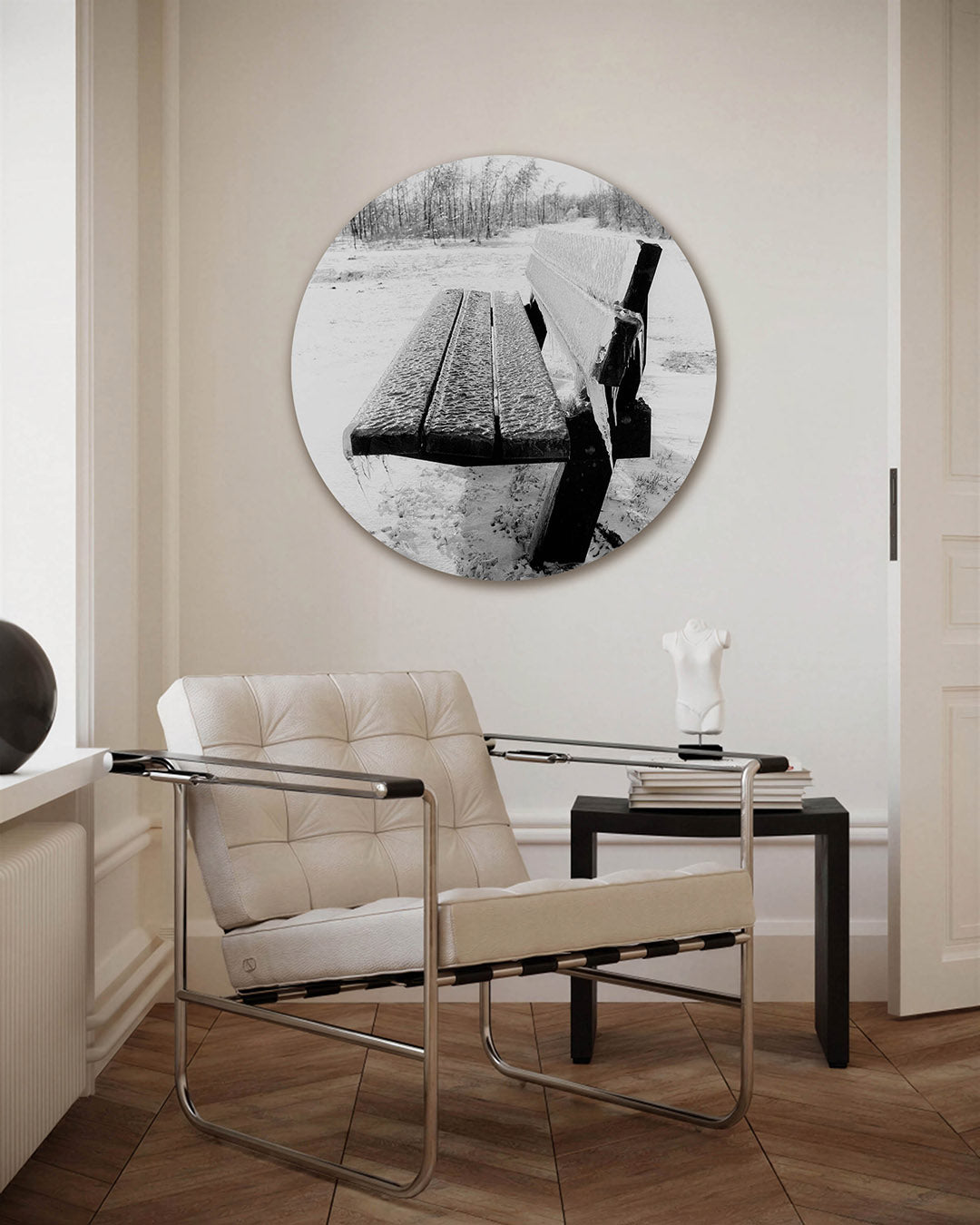 Bevroren bankje – fotografie muurcirkel als ronde wanddecoratie
