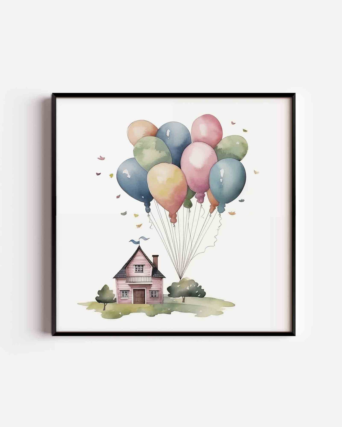 Huis met ballonnen – vierkante kinderposter als wanddecoratie