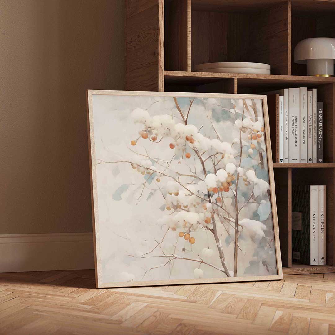 Takken met sneeuw – vierkante kerst wanddecoratie van WallArtistic