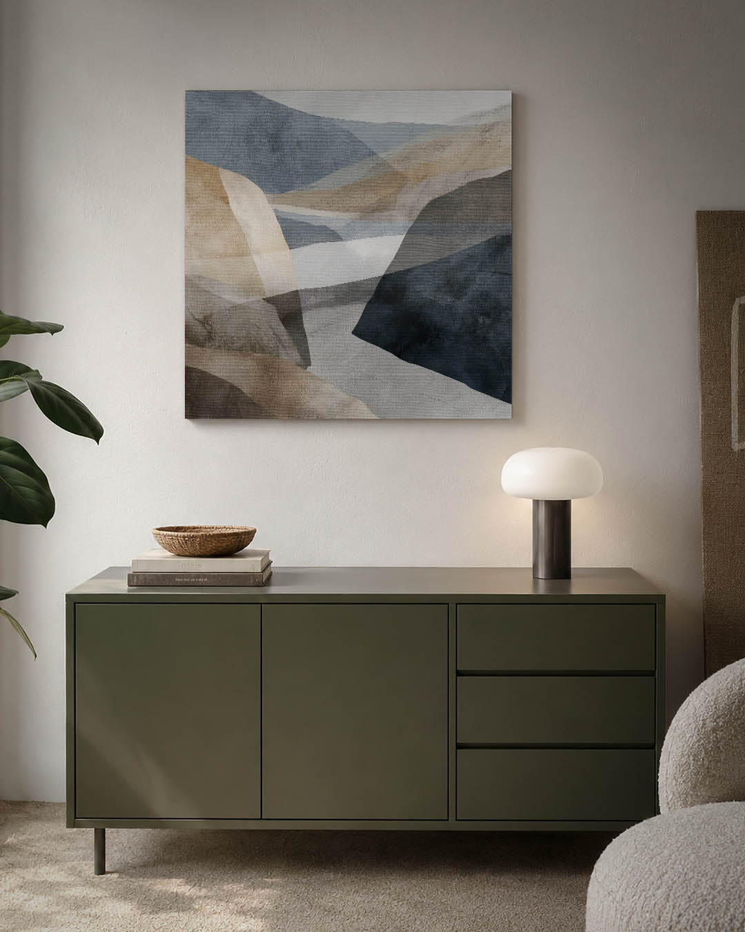 Gelaagde landschap vormen kunstwerk – detailweergave – dit werk toont overlappende vormen in zachte tinten. De compositie