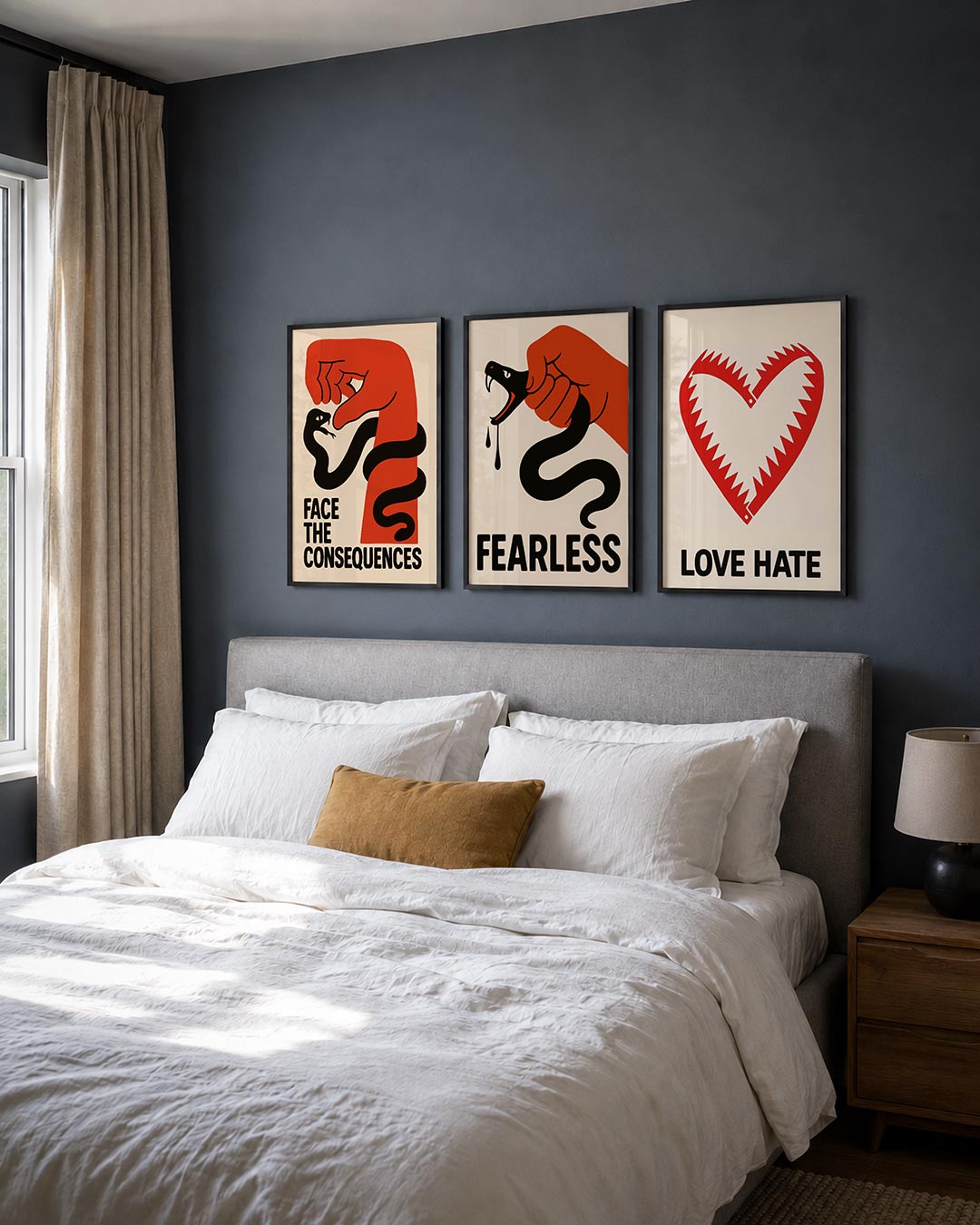 Krachtige confrontatie posterset – detailweergave – een rode hand en een zwarte slang vormen een dynamisch