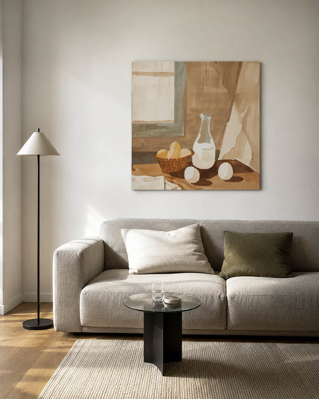 Interieur scène kunstwerk – vierkante wanddecoratie – dit werk toont een compositie met een mand eieren en een fles op een