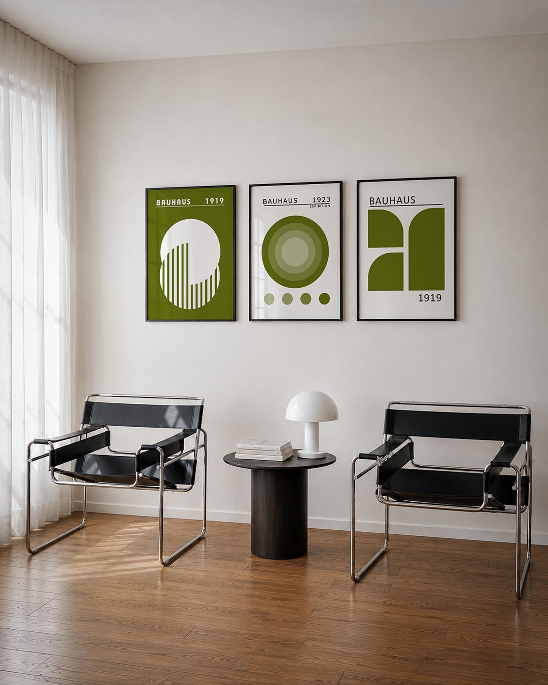 Cirkel en strepen driedelige posterset – een groene achtergrond met een witte cirkel. Binnen de cirkel zijn verticale groene