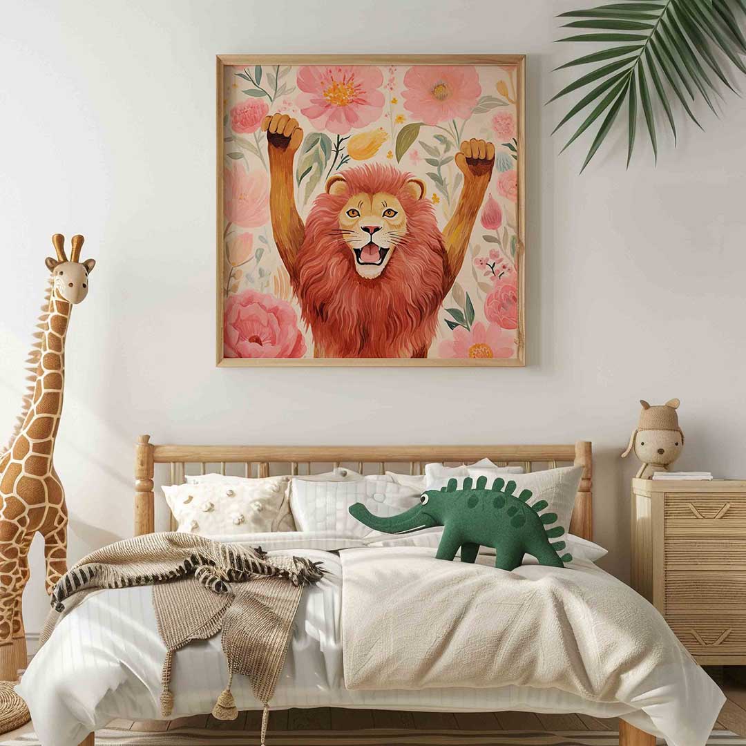 Leeuw met bloemen – vierkante kinderkamer wanddecoratie van WallArtistic
