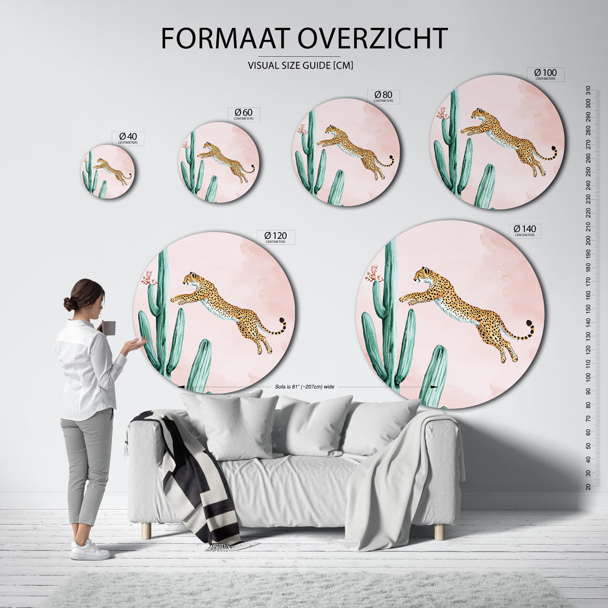 Springende luipaard – ronde muurcirkel met kleurrijke illustratie