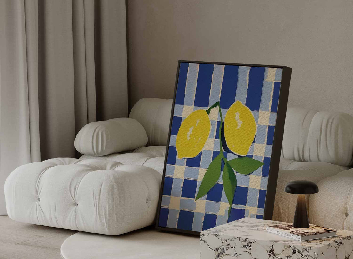 Zonnige Citroenen op Blauwe Schachtdoeken – portret kunstwerk als wanddecoratie, afbeelding 13