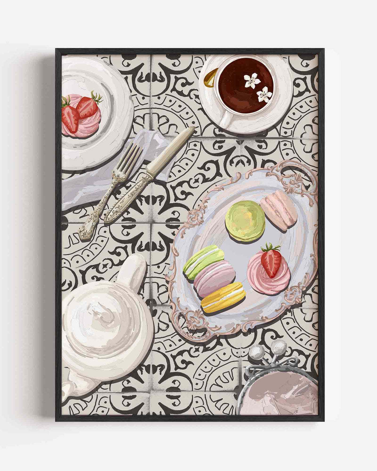 Theeservies en macarons – keuken portret poster als wanddecoratie